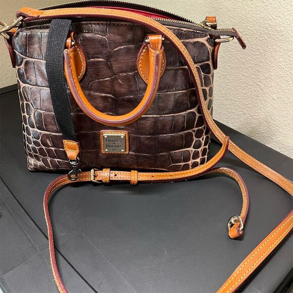 Dooney & Bourke Brown Croc Embossed Leather Mini Crossbody Satchel - Picture 1 of 10